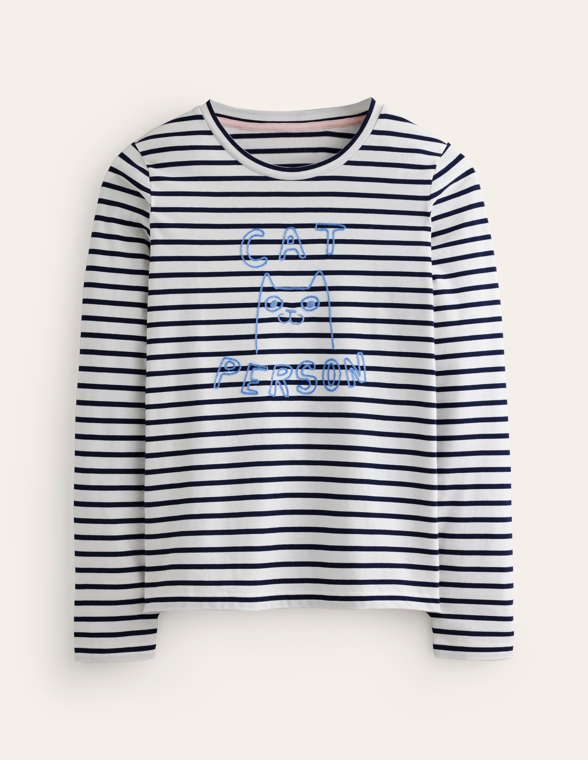 Klassisches T-Shirt mit Stickerei-Naturweiß, Marineblau, Katze Person - Image 5