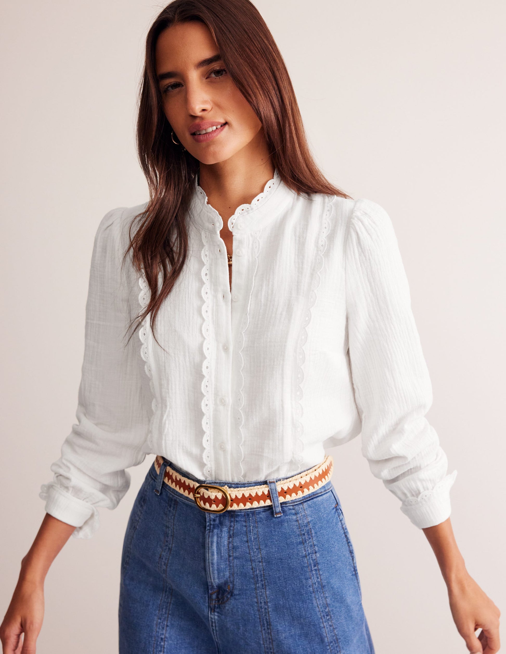 Double Cloth Scallop Blouse-White-1
