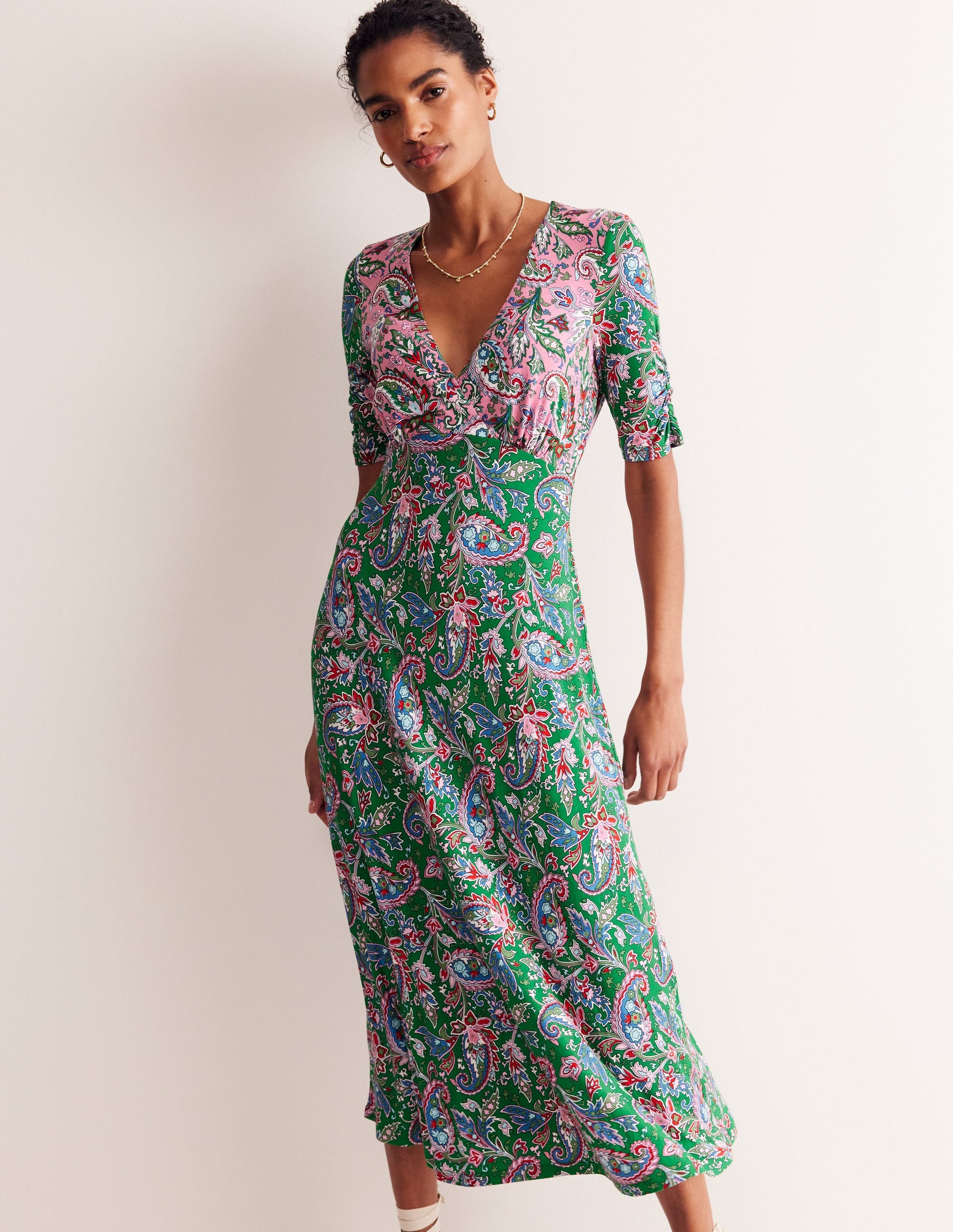 Rebecca Midi-Teekleid aus Jersey-Kaschmir-Rose, Paisley Azurblau-4