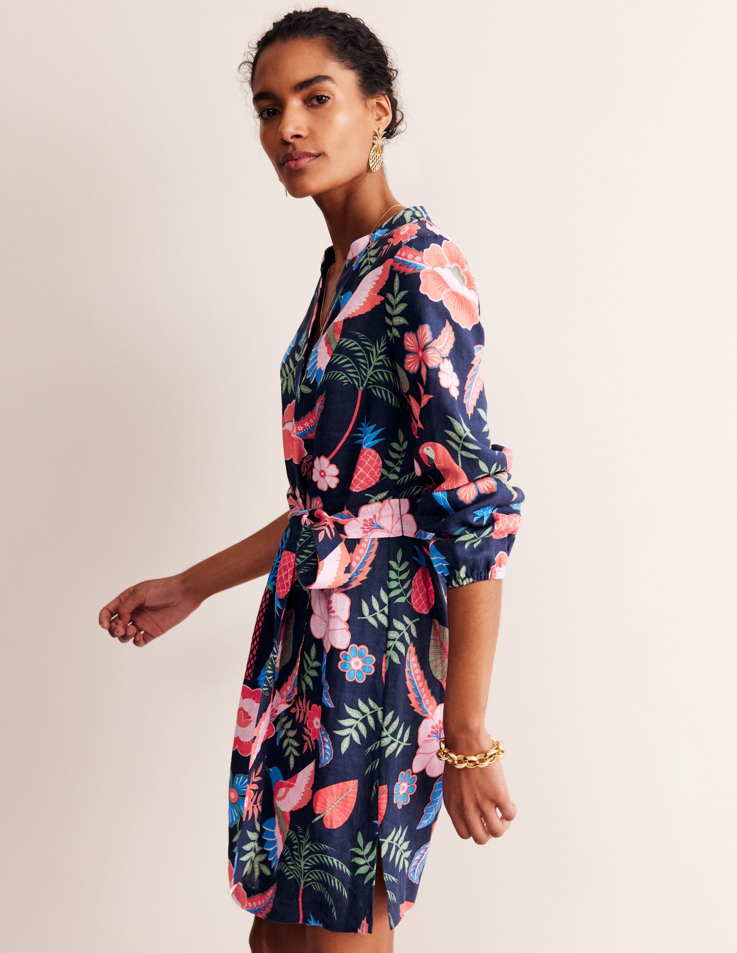 Cleo Tie Waist Linen Dress-Multi, Tropic Parrot