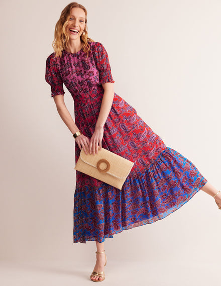 Maxikleid mit gesmokten Ärmelbündchen-Sangria Sunset Pink, Paisley Welle