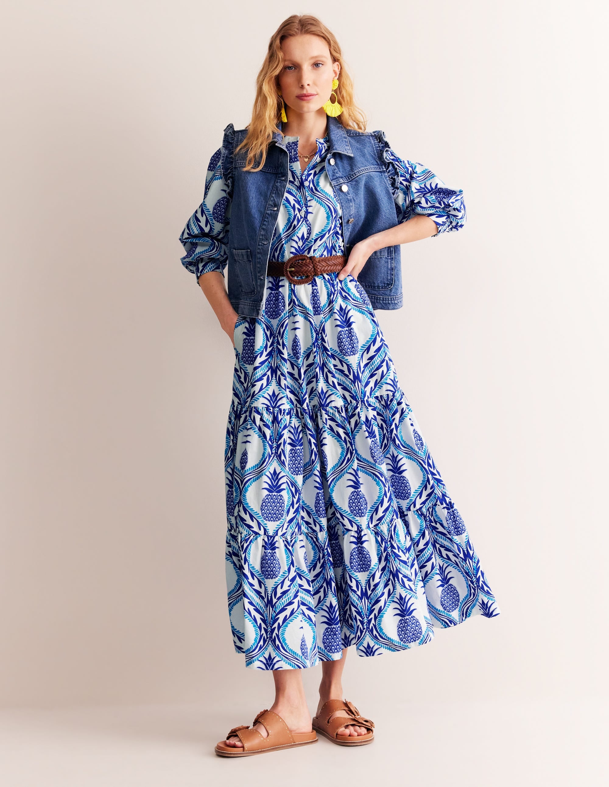 Alba Gestuftes Maxikleid aus Baumwolle-Surf The Web, Ananas Welle - Image 5