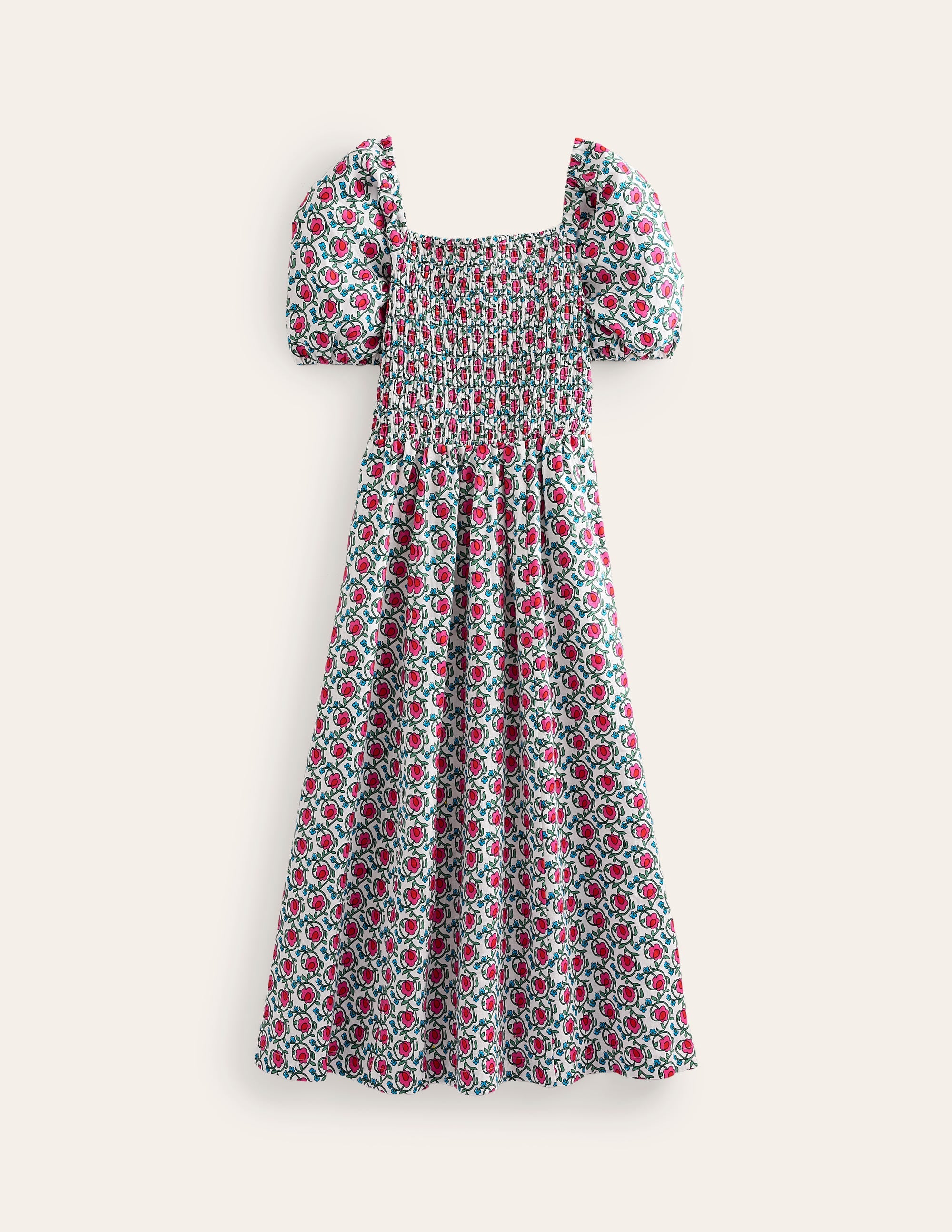 Sky Gesmoktes Midikleid aus Leinen-Stiefmütterchen, Blätter Terrace - Image 6