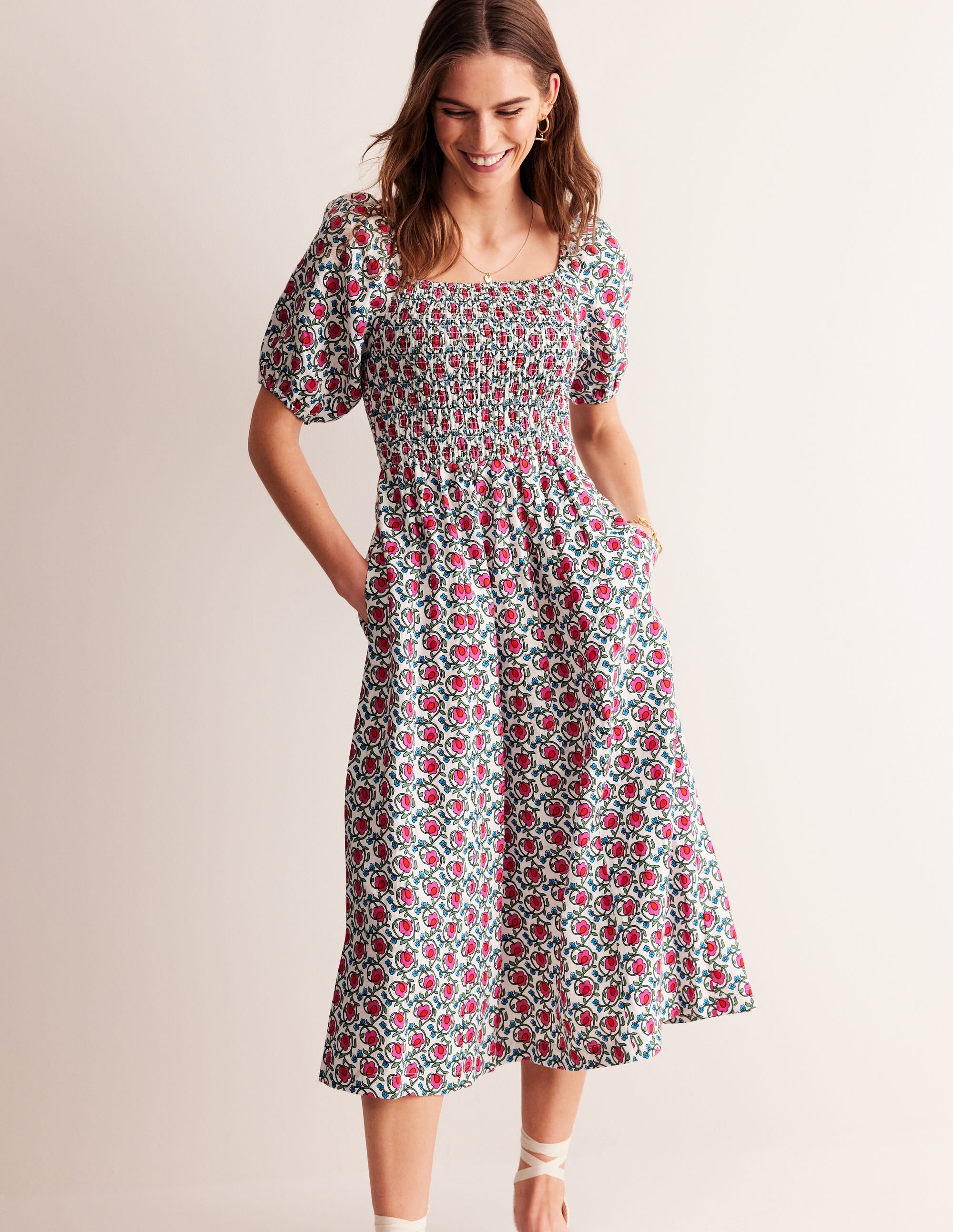 Sky Gesmoktes Midikleid aus Leinen-Stiefmütterchen, Blätter Terrace - Image 1