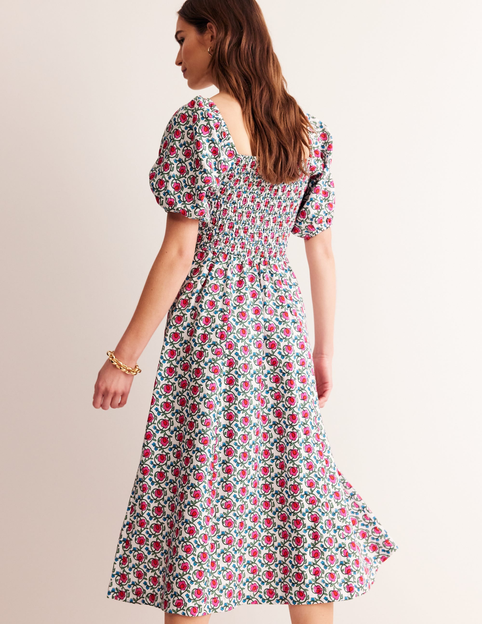 Sky Gesmoktes Midikleid aus Leinen-Stiefmütterchen, Blätter Terrace - Image 3