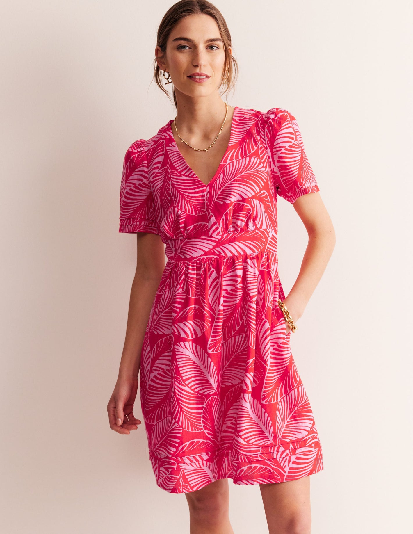 Eve Linen Short Dress-Rubicondo, Calathea Leaf