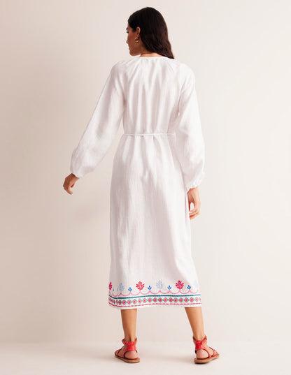 Embroidered Belted Linen Dress-White, Multi