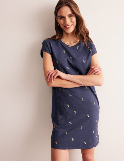 Leah T-Shirt-Kleid aus Jersey-Französisch-Marineblau, Ananas