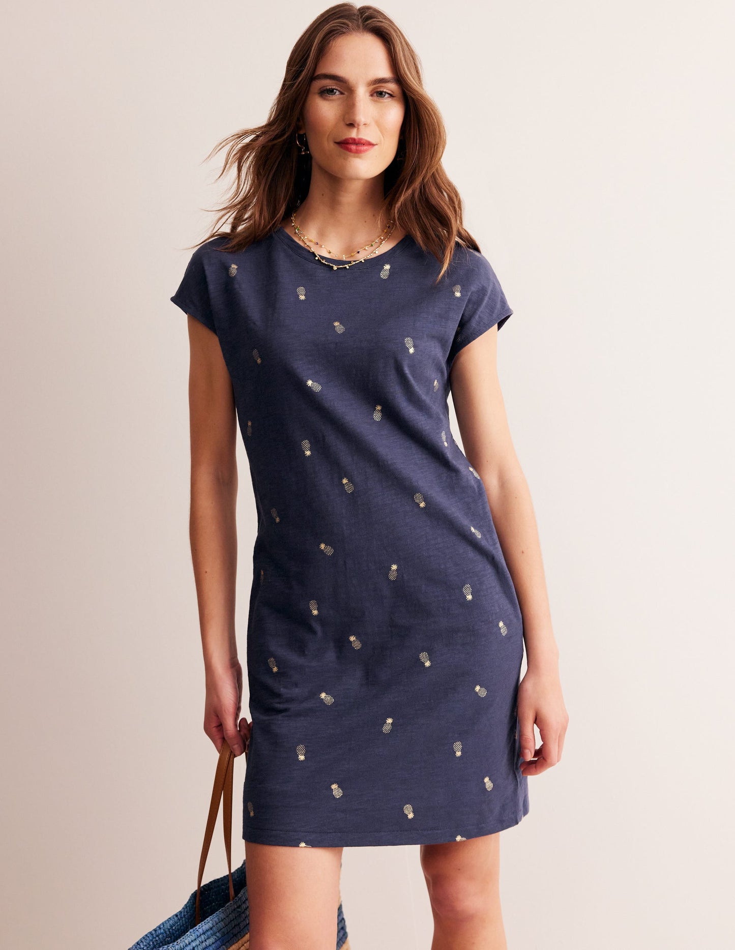 Leah T-Shirt-Kleid aus Jersey-Französisch-Marineblau, Ananas