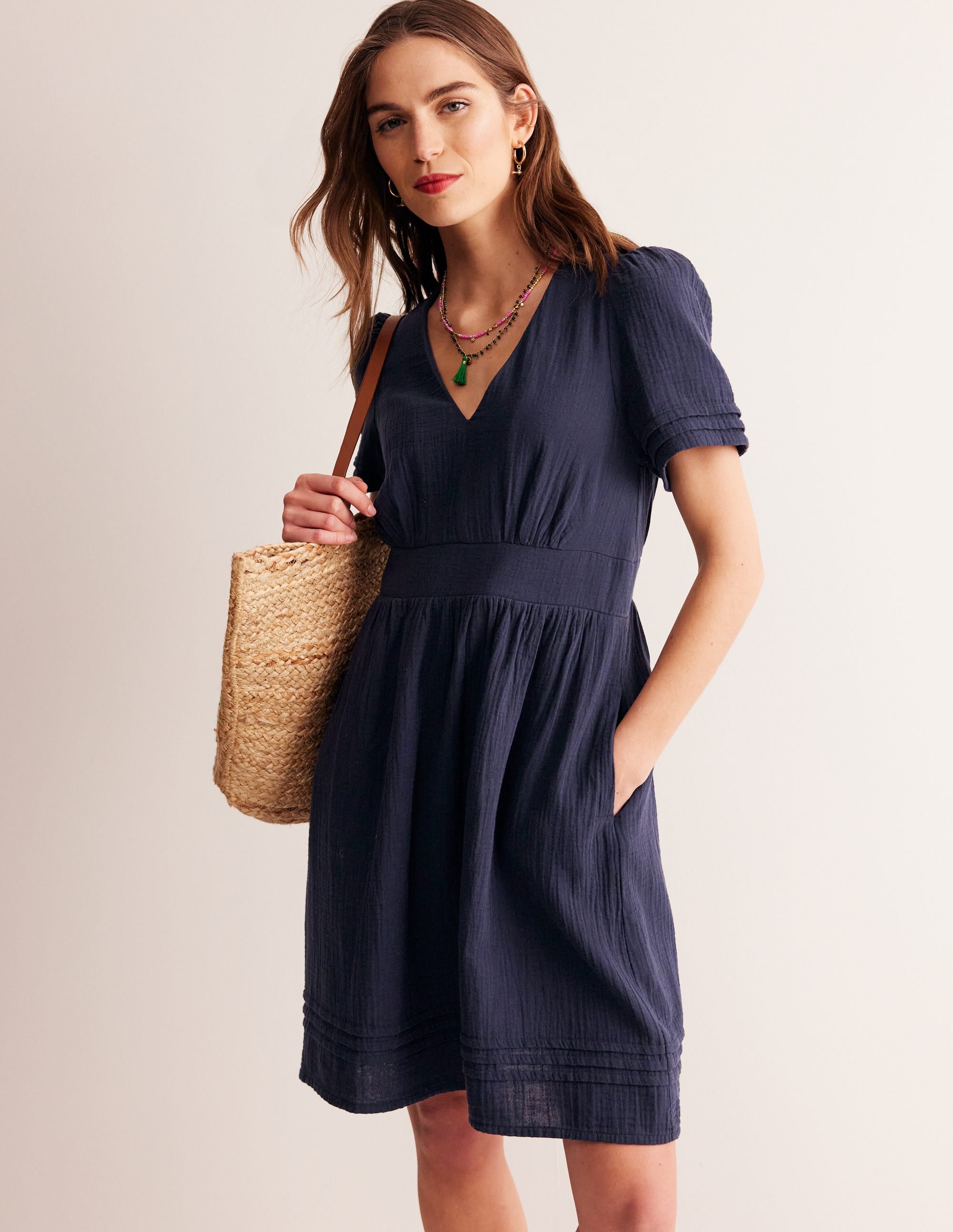 Robe courte Eve double-étoffe-Bleu Marine, Petits Pois - Image 1