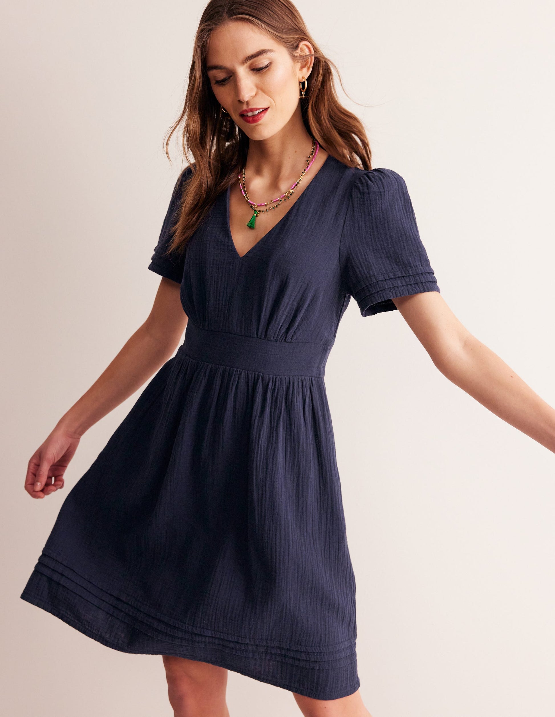 Robe courte Eve double-étoffe-Bleu Marine, Petits Pois-4