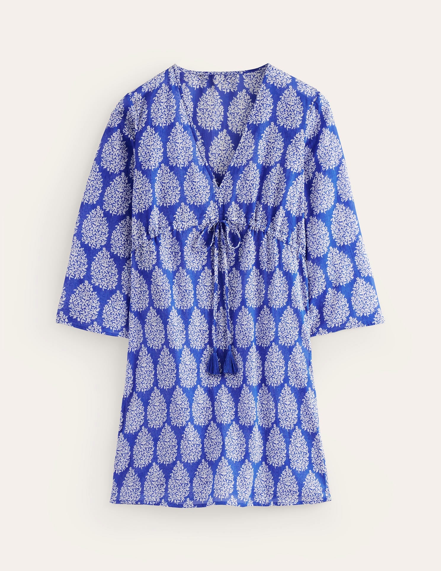 Caftan court de plage en coton-Bleu connecté, motif Floret Paisley - Image 5