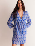 Caftan court de plage en coton-Bleu connecté, motif Floret Paisley