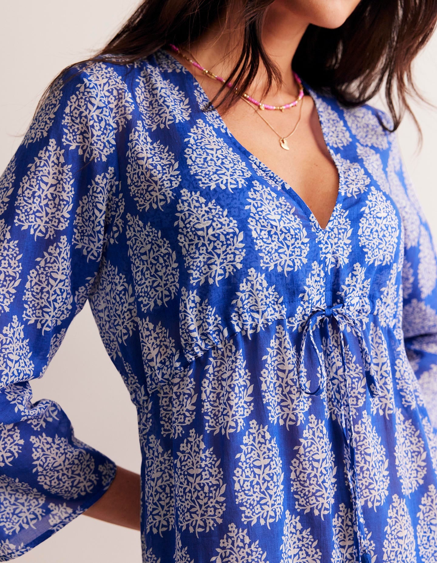 Caftan court de plage en coton-Bleu connecté, motif Floret Paisley - Image 2