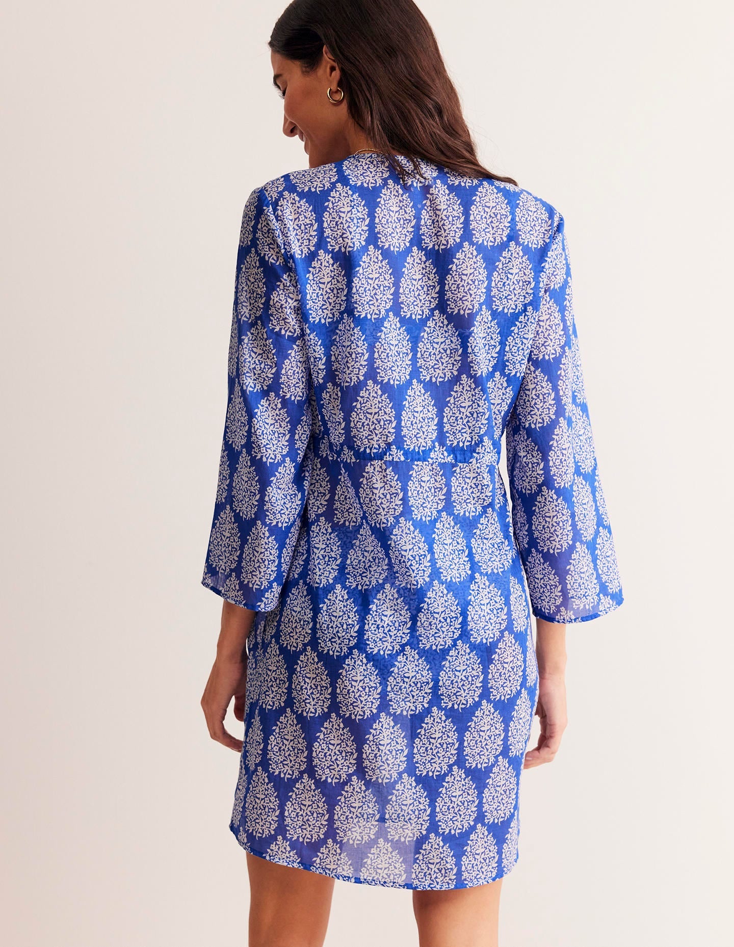 Caftan court de plage en coton-Bleu connecté, motif Floret Paisley-3