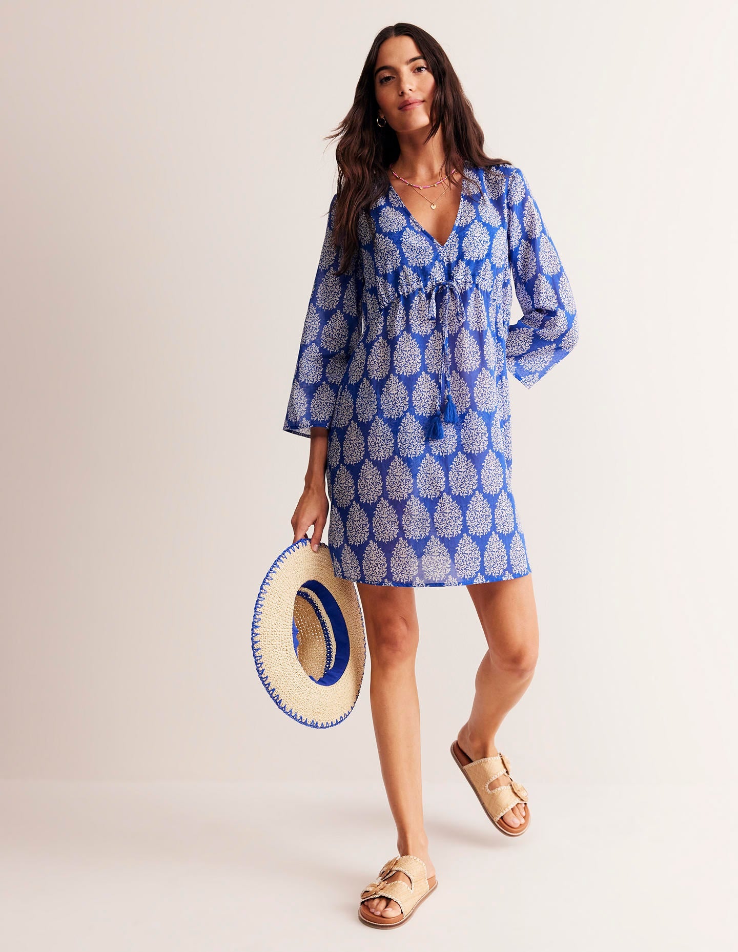 Caftan court de plage en coton-Bleu connecté, motif Floret Paisley-4
