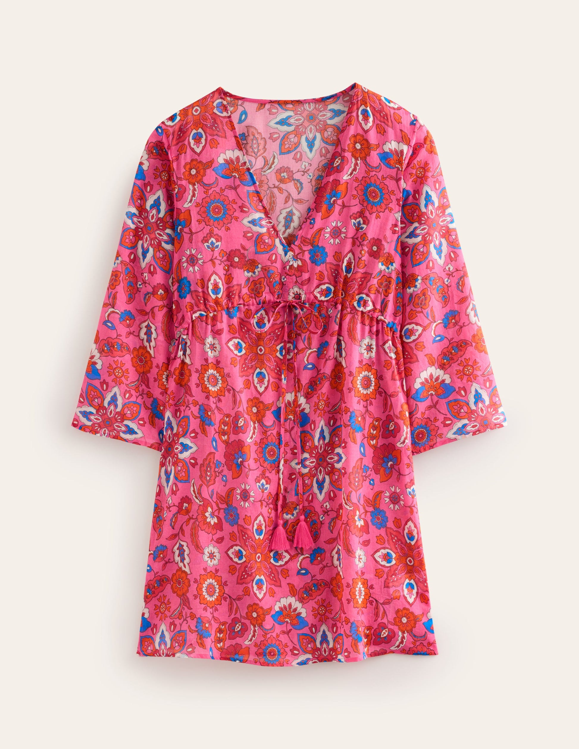 Kurzer Strandkaftan aus Baumwolle-Sangria Sunset Pink, Botanisch-6