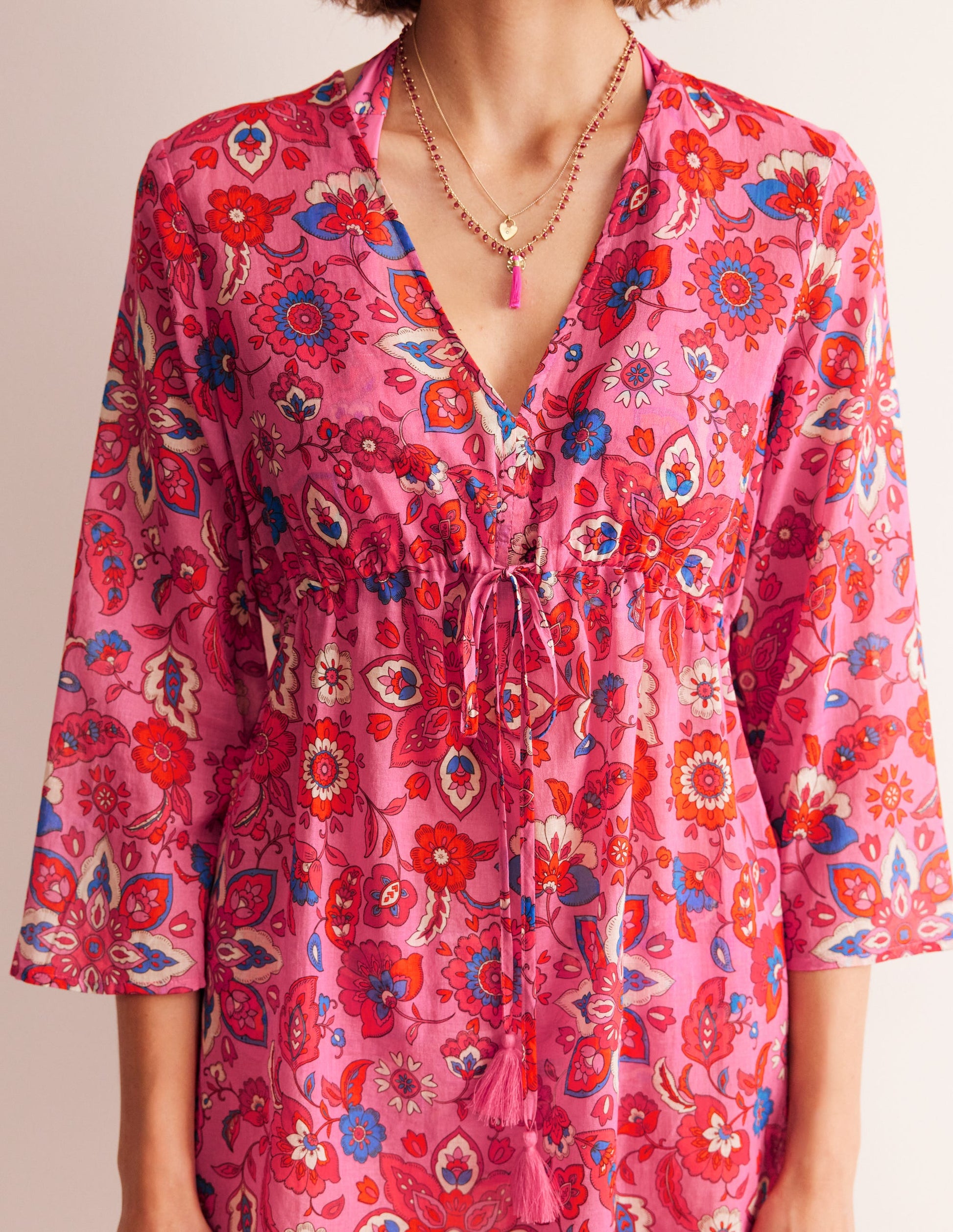Kurzer Strandkaftan aus Baumwolle-Sangria Sunset Pink, Botanisch-2