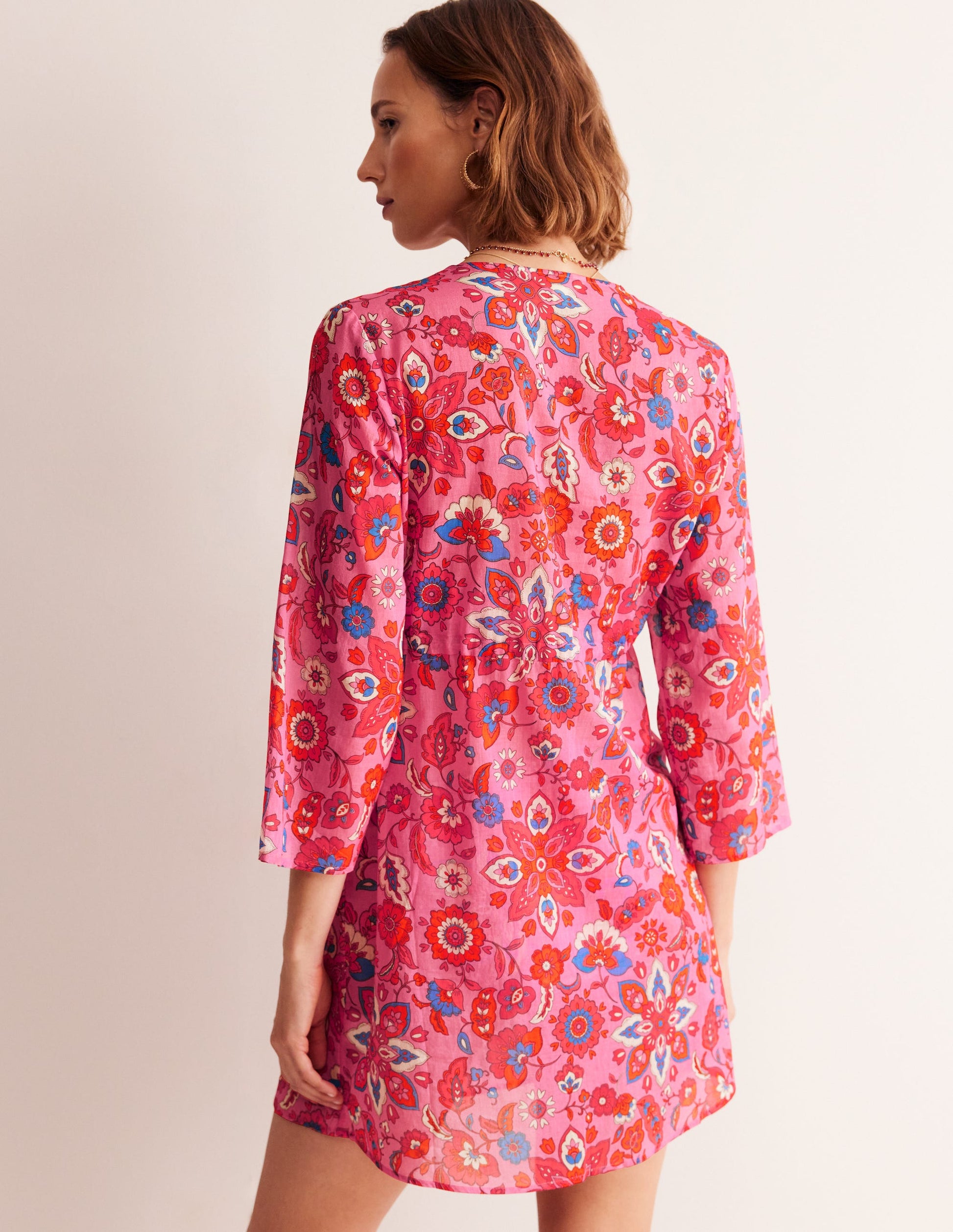 Kurzer Strandkaftan aus Baumwolle-Sangria Sunset Pink, Botanisch-3