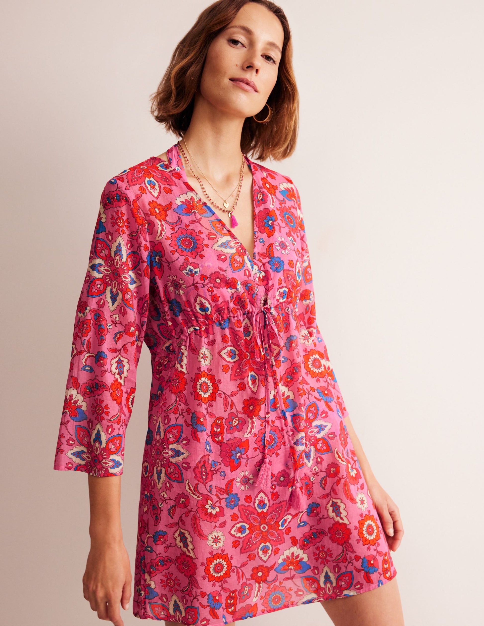 Kurzer Strandkaftan aus Baumwolle-Sangria Sunset Pink, Botanisch-4