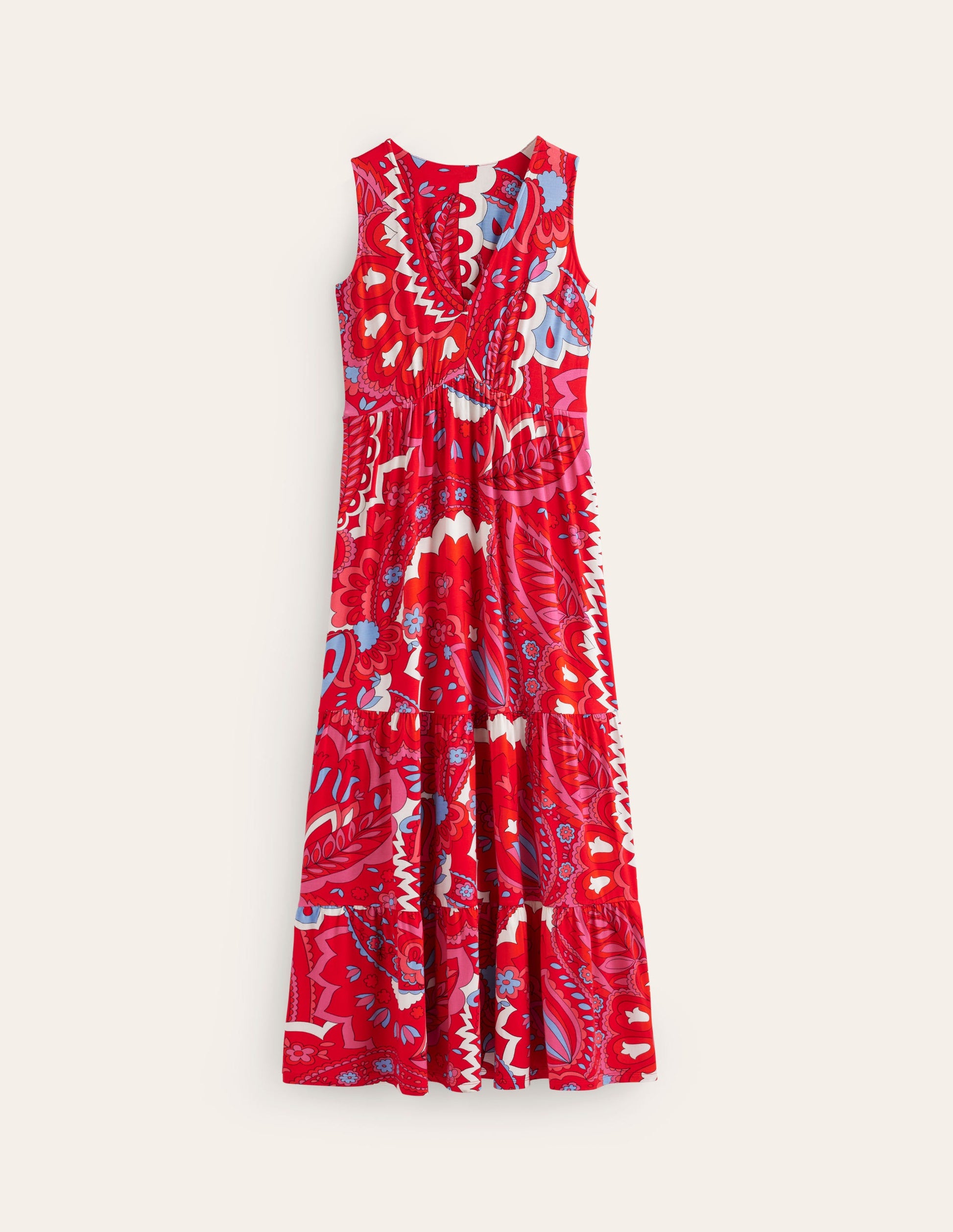 Sylvia Maxi-Stufenkleid aus Jersey-Flammenrot, Foliage Paisley-5