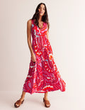Sylvia Maxi-Stufenkleid aus Jersey-Flammenrot, Foliage Paisley