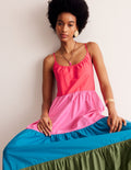 Robe longue evasée en coton-Colour Block