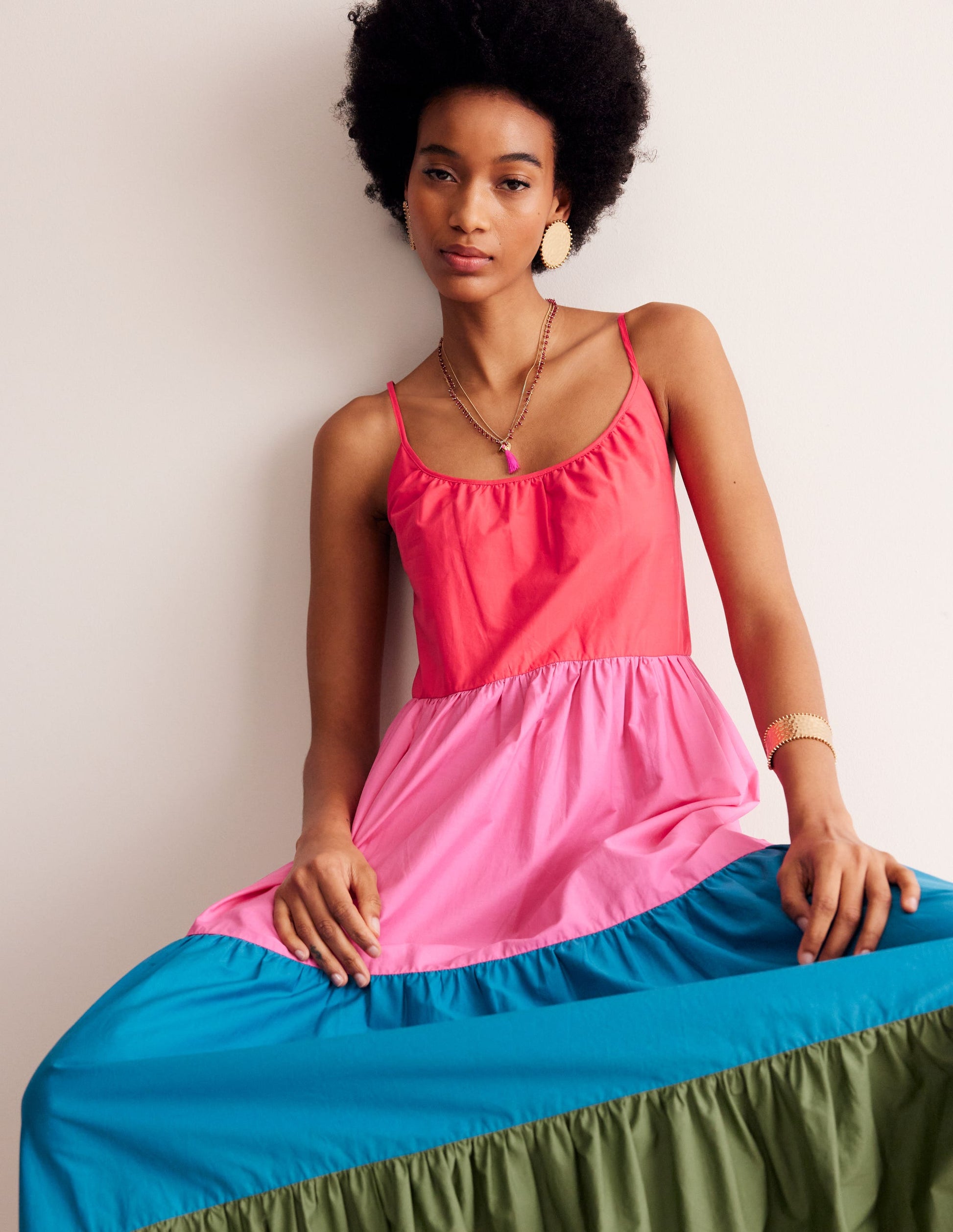Robe longue evasée en coton-Colour Block-1