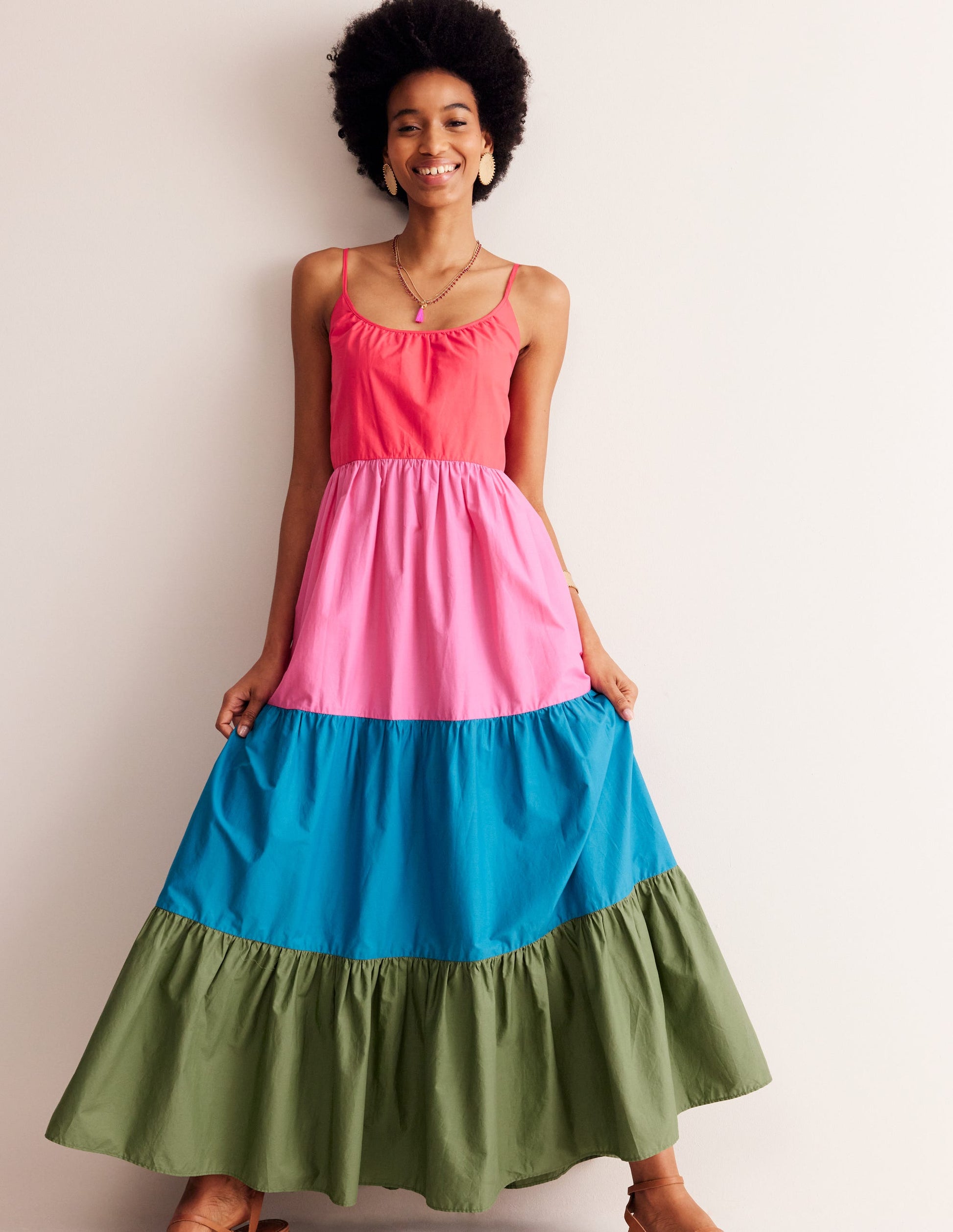 Robe longue evasée en coton-Colour Block-2