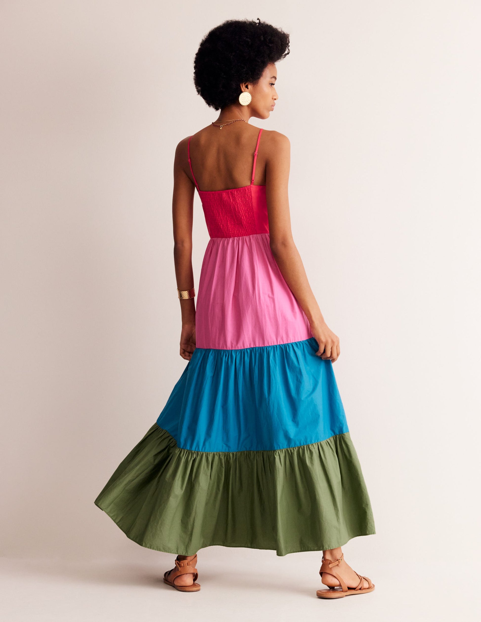 Robe longue evasée en coton-Colour Block-3