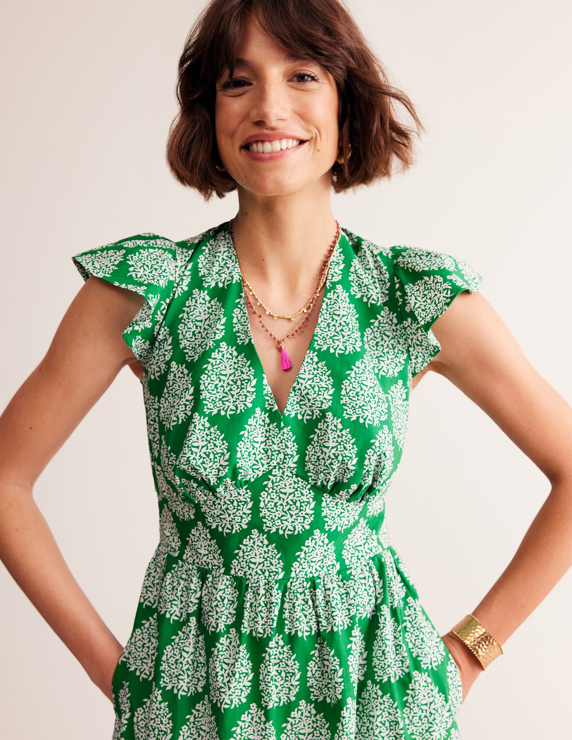 Robe midi style 40s May en coton-Vert tambourin, fleuron - Image 1
