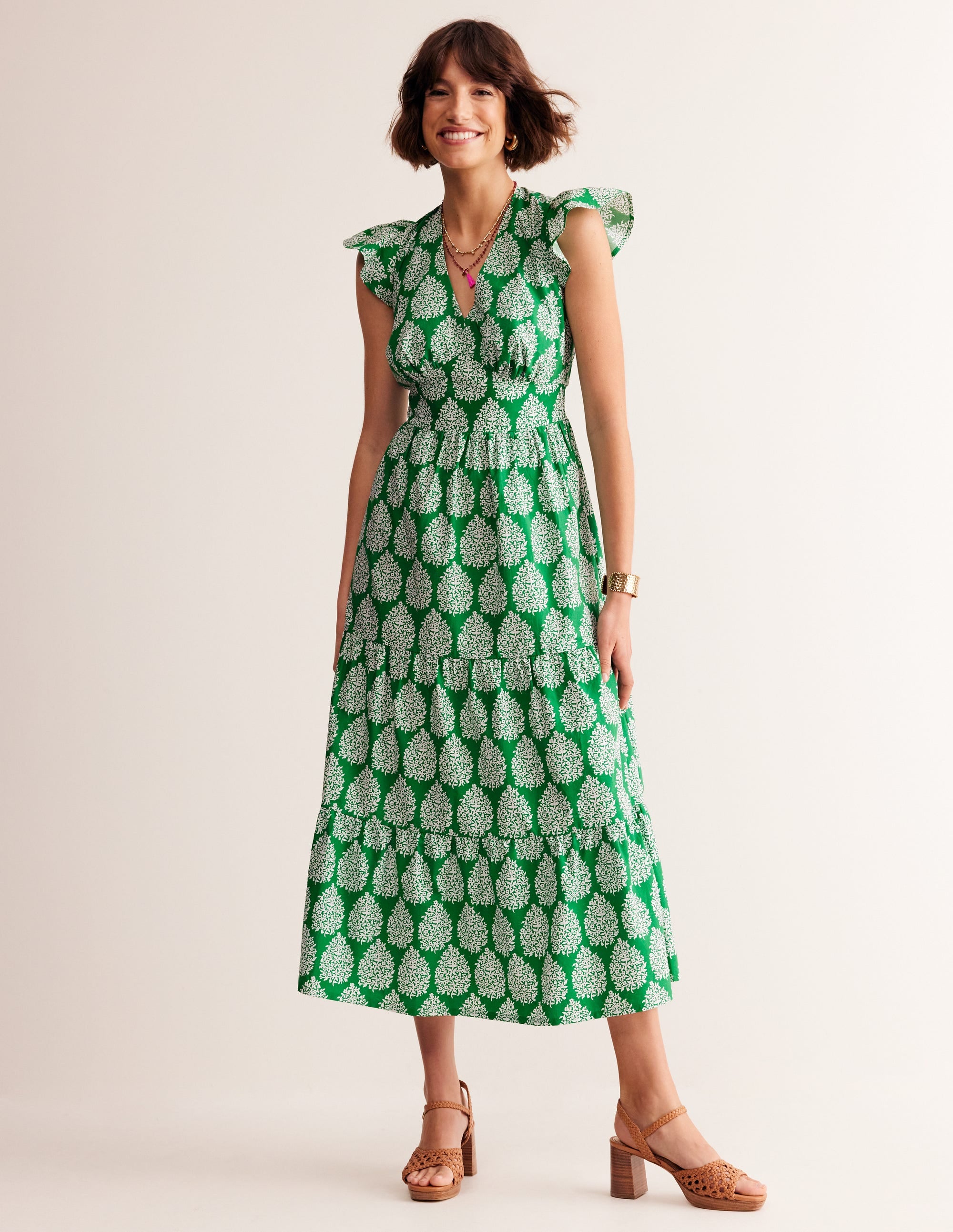 Robe midi style 40s May en coton-Vert tambourin, fleuron - Image 2