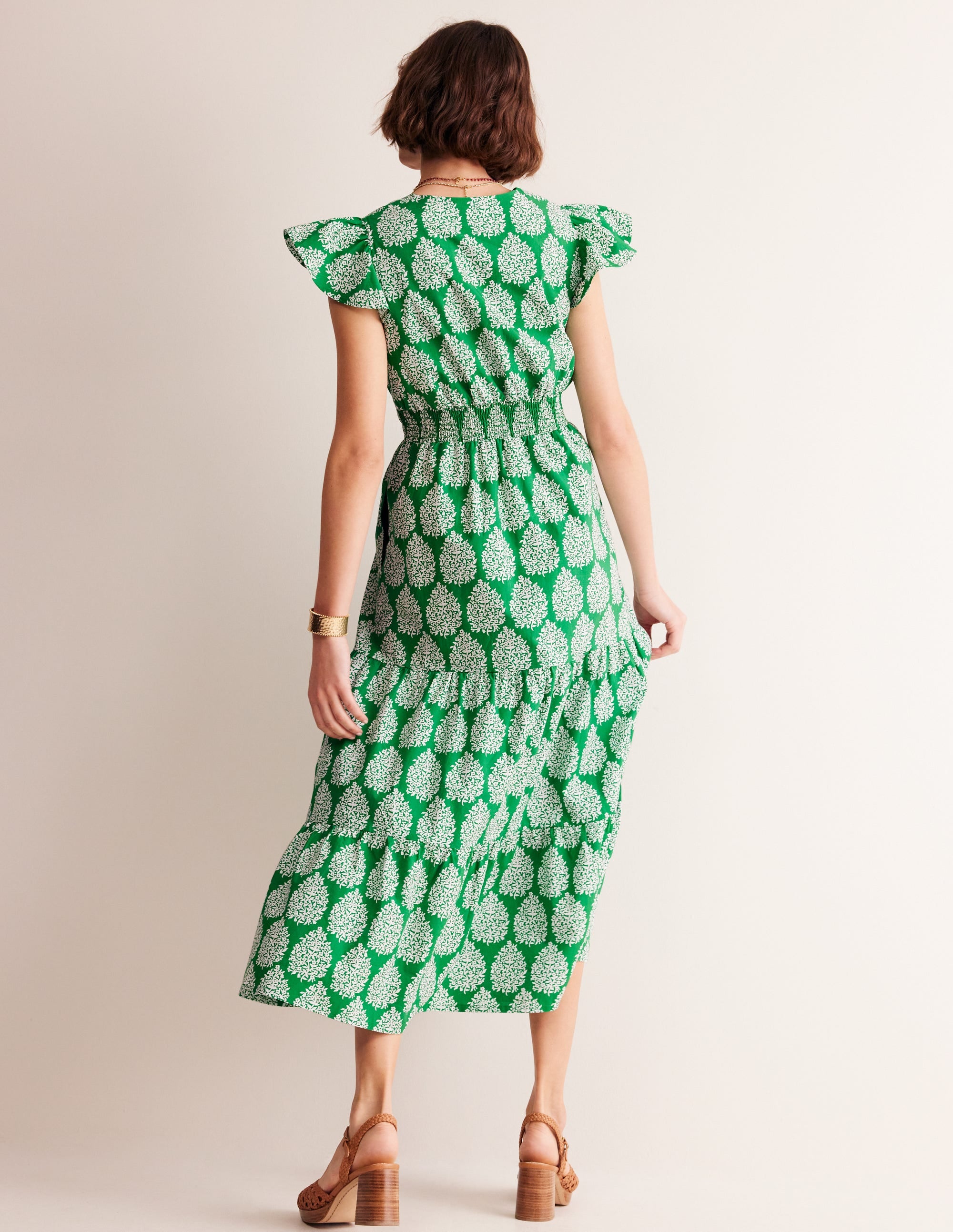 Robe midi style 40s May en coton-Vert tambourin, fleuron - Image 3