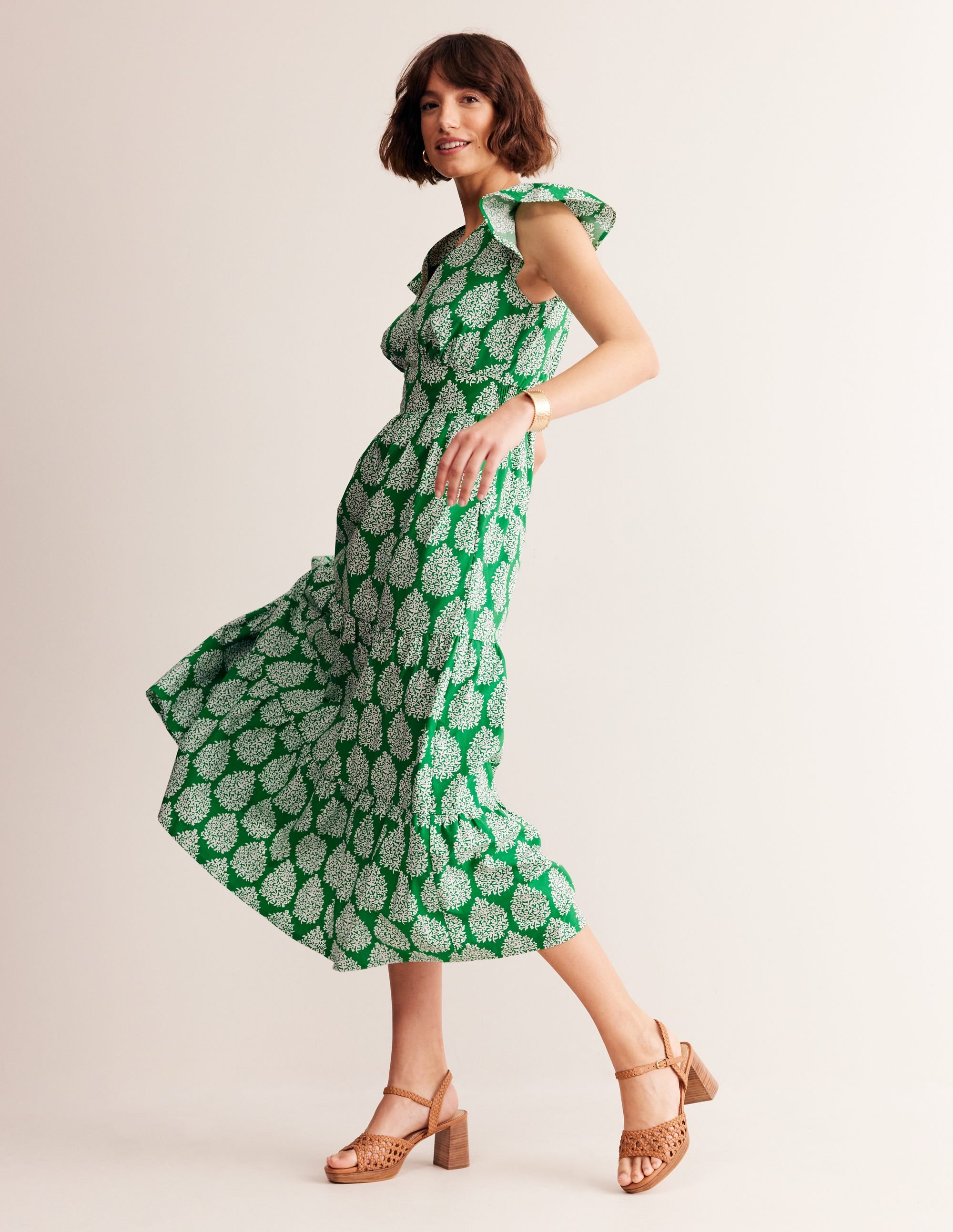 Robe midi style 40s May en coton-Vert tambourin, fleuron - Image 4