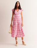 Robe midi style 40s May en coton-Sangria rose, fleuron