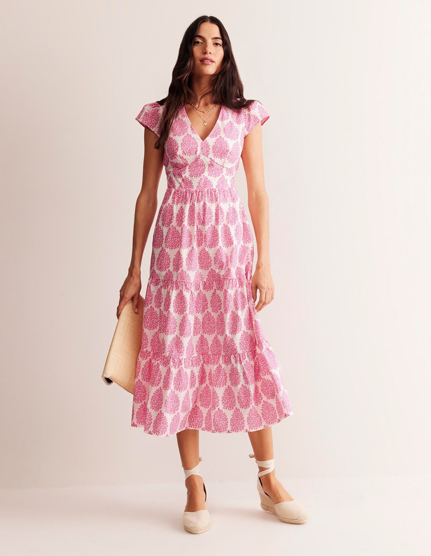 Robe midi style 40s May en coton-Sangria rose, fleuron - Image 1