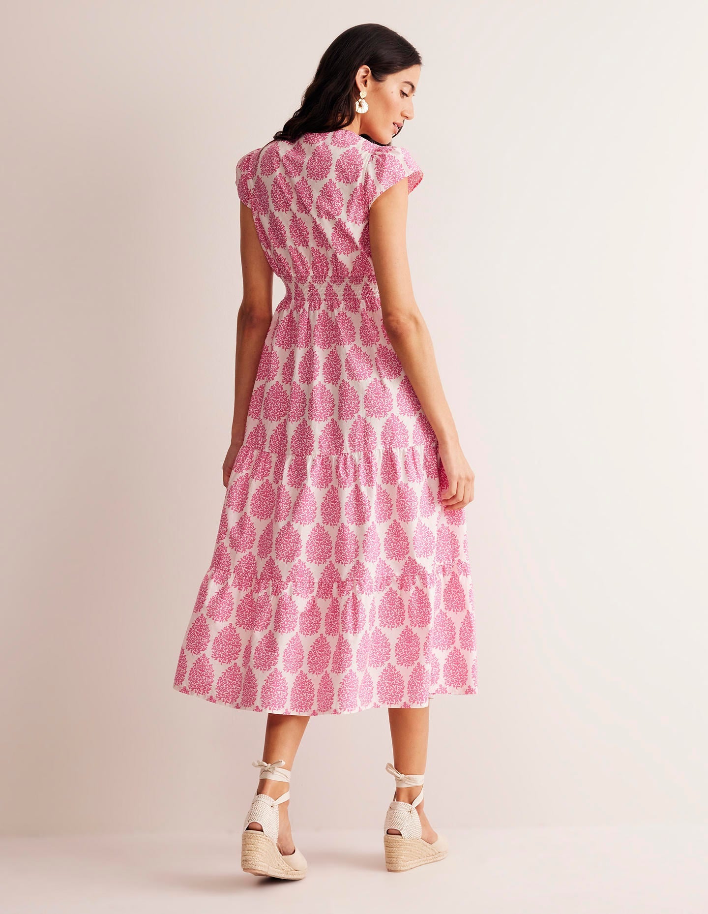 Robe midi style 40s May en coton-Sangria rose, fleuron - Image 3
