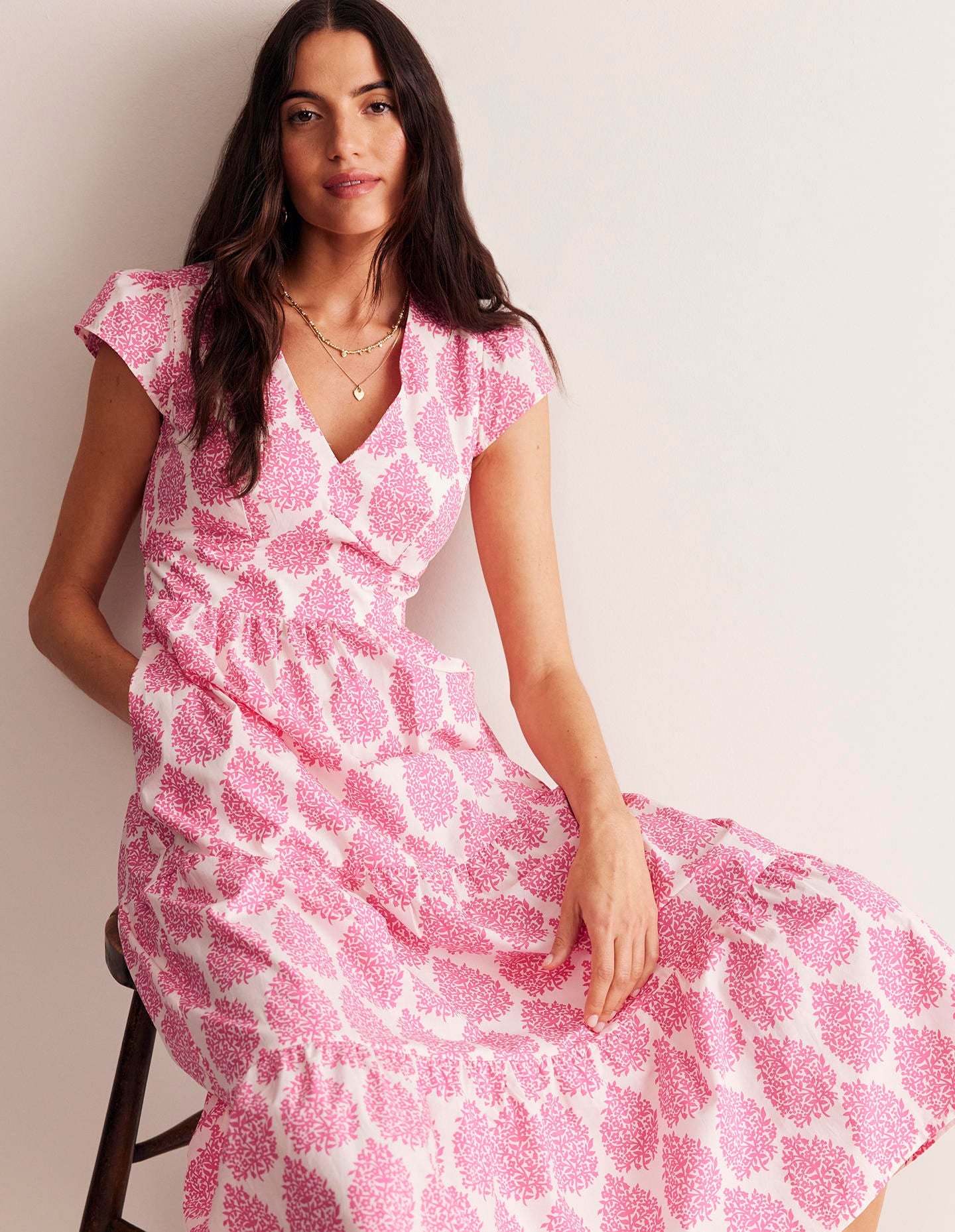 Robe midi style 40s May en coton-Sangria rose, fleuron-4