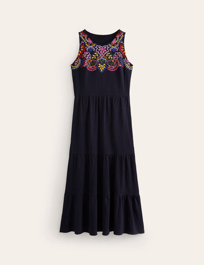 Robe midi brodée en jersey-Bleu Marine, Petits Pois-5