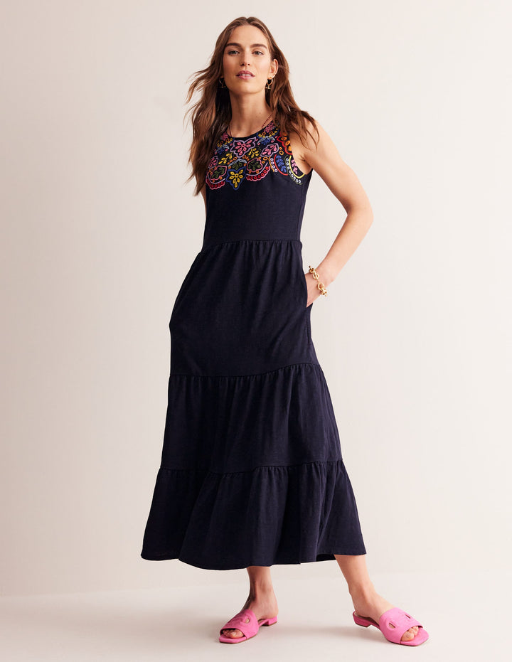 Embroidered Jersey Midi Dress-Navy