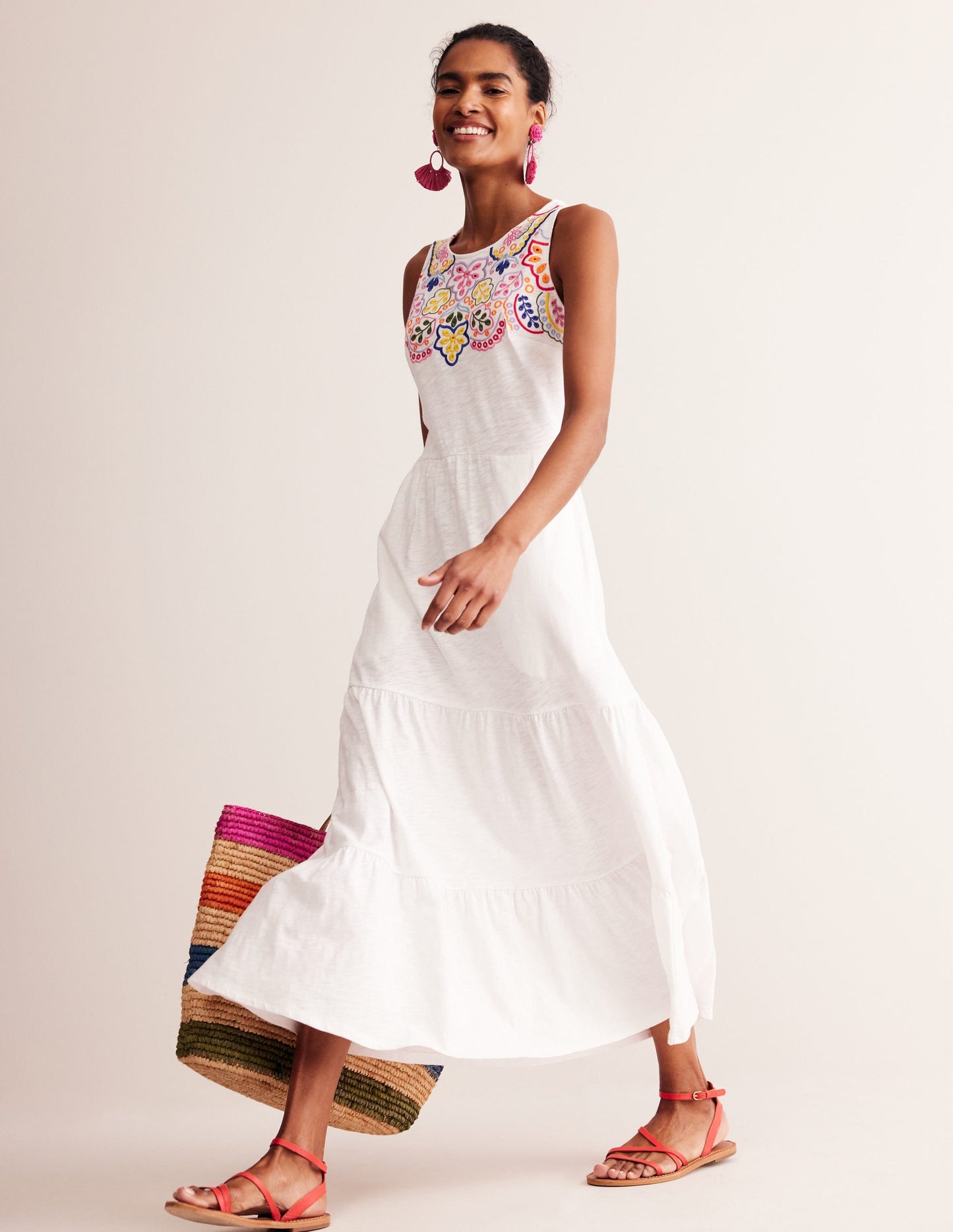 Embroidered Jersey Midi Dress-White