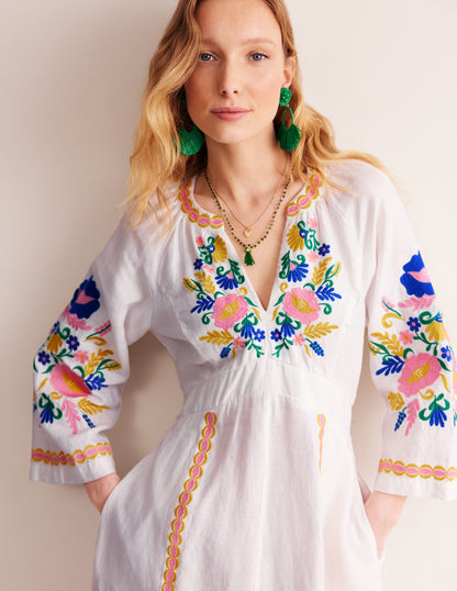 Una Linen Embroidered Dress-Ivory Embroidery