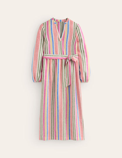 Linen Maxi Notch Neck Dress-Pop Pansy, Multistripe