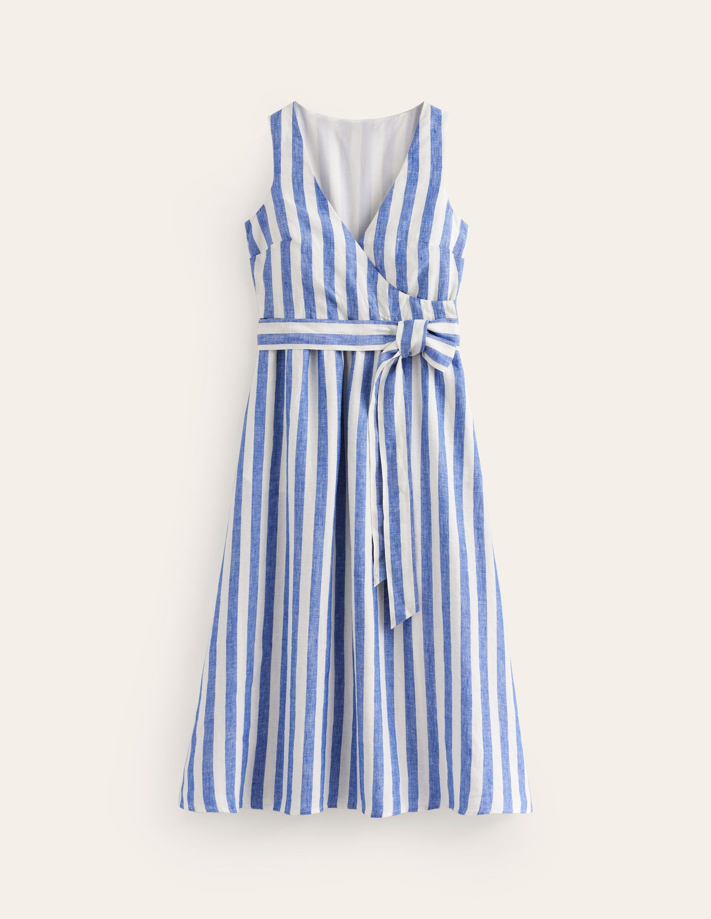 Robe midi portefeuille en lin-Bleu connecté et ivoire