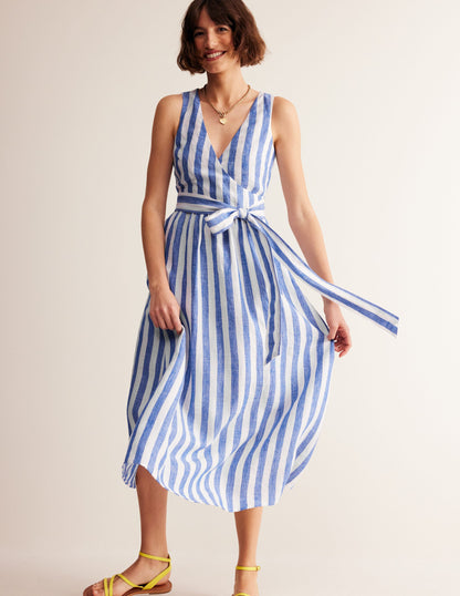 Robe midi portefeuille en lin-Bleu connecté et ivoire