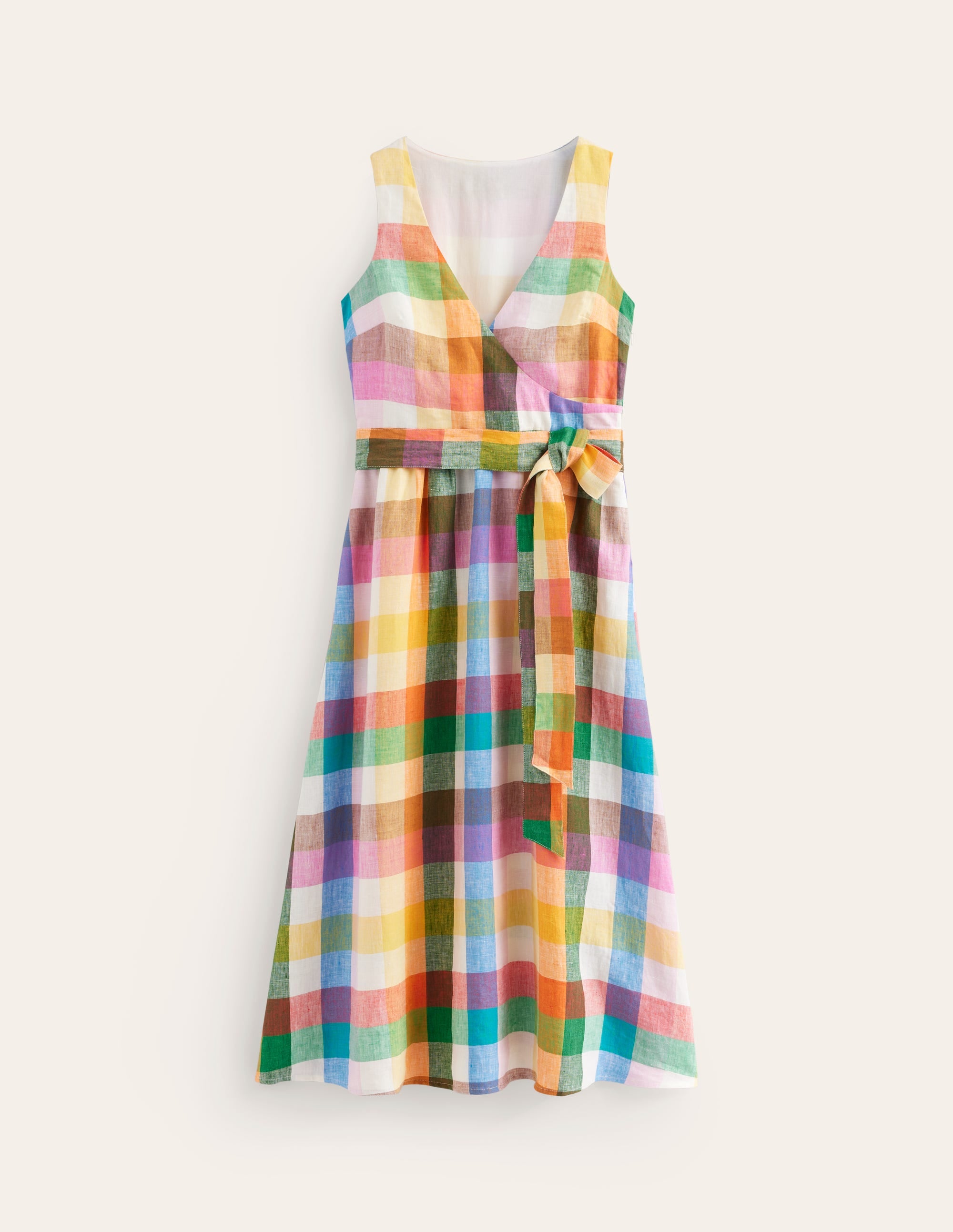 Robe midi portefeuille en lin-Vichy arc-en-ciel - Image 7