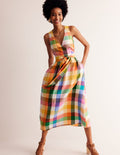 Robe midi portefeuille en lin-Vichy arc-en-ciel