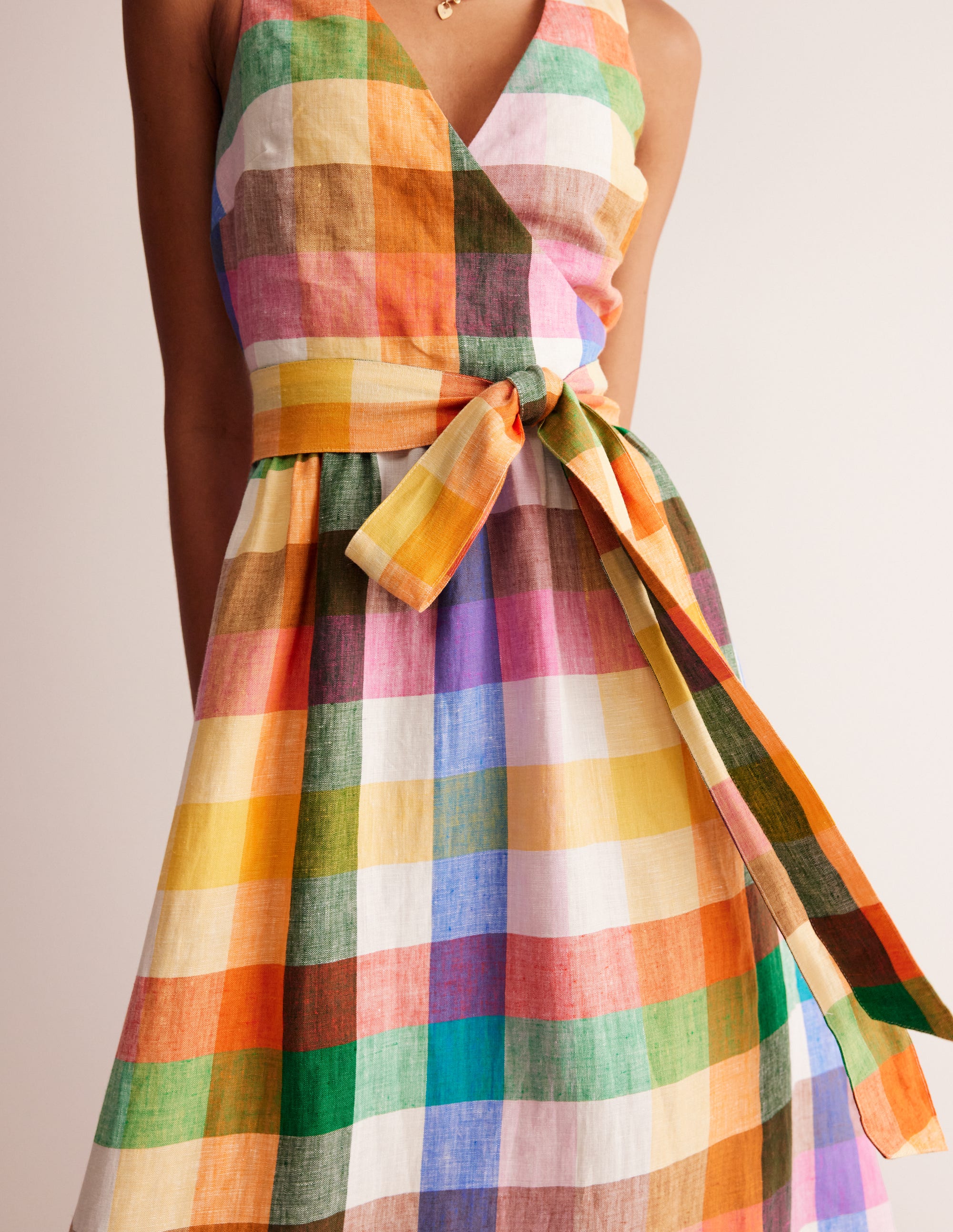 Robe midi portefeuille en lin-Vichy arc-en-ciel - Image 2