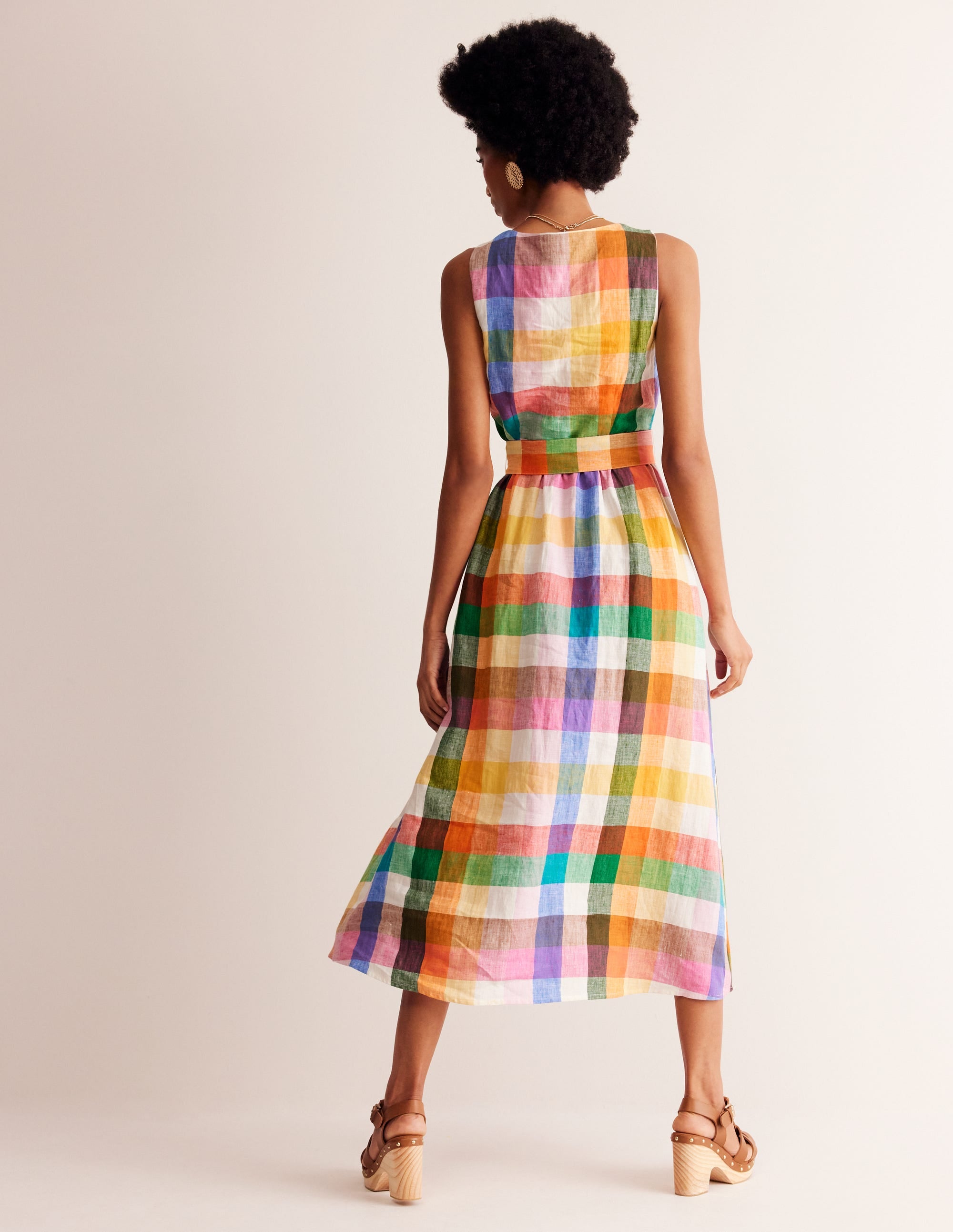 Robe midi portefeuille en lin-Vichy arc-en-ciel - Image 3