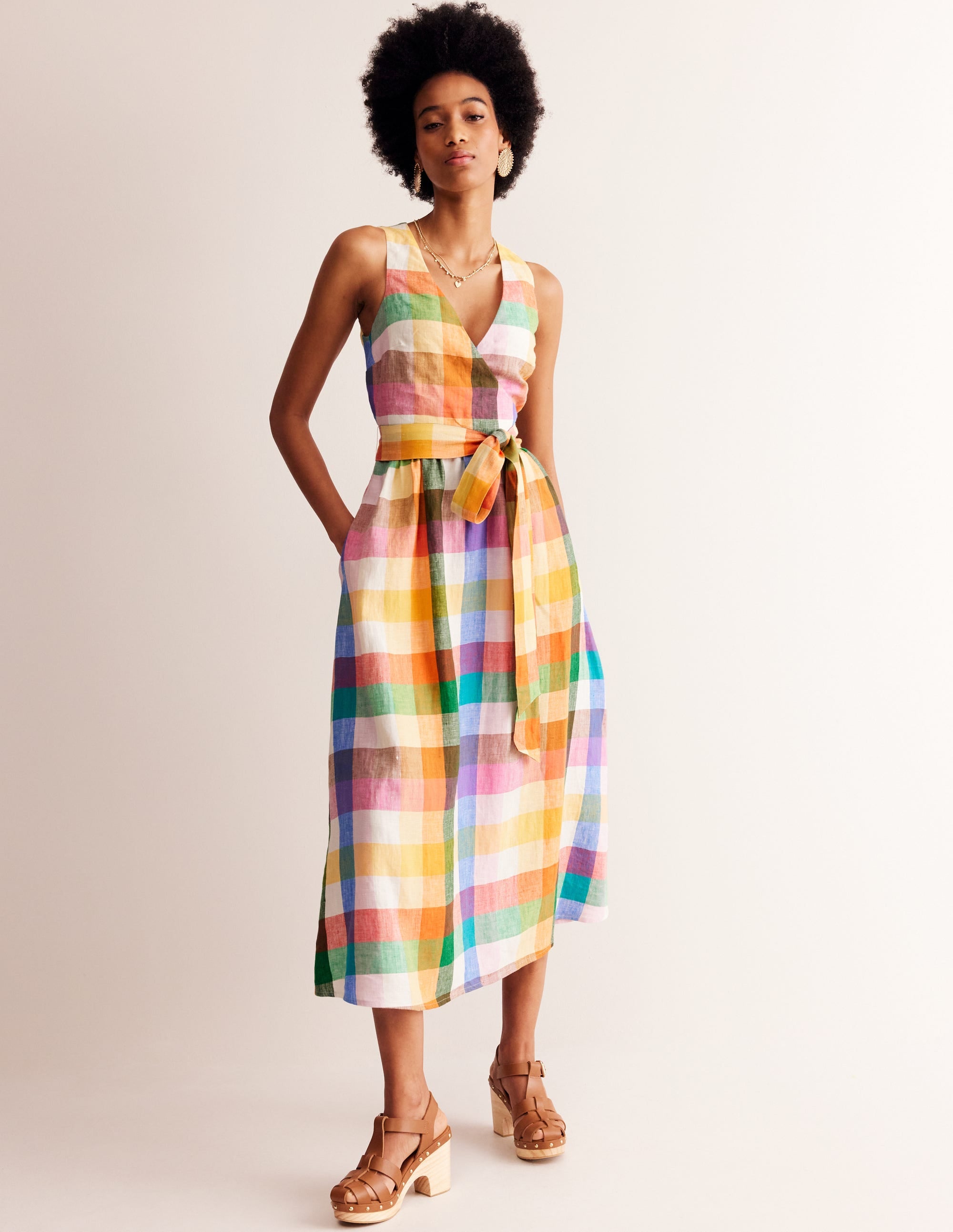 Robe midi portefeuille en lin-Vichy arc-en-ciel - Image 4